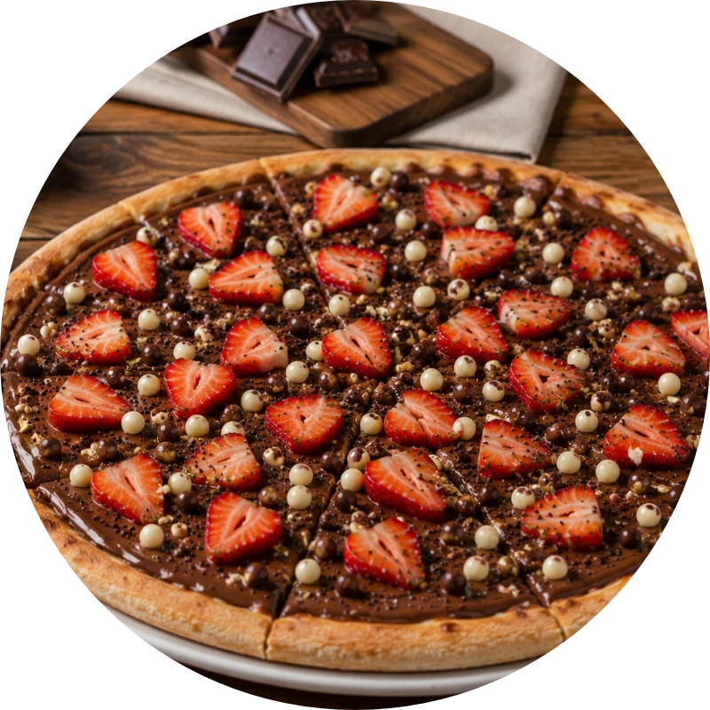 Doces: Sensação - Pizza Grande (Ingredientes: Chocolate ao Leite, Morango, Sonho de Valsa)
