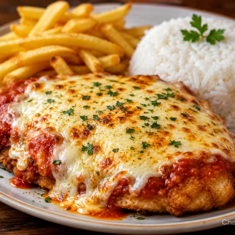 Marmitas (Novo Cardápio): Frango à Parmegiana - Marmitas (Novo Cardápio) (Ingredientes: Arroz, Batata Frita, Feijão, Filé de Frango com Queijo, Molho Bolonhesa)