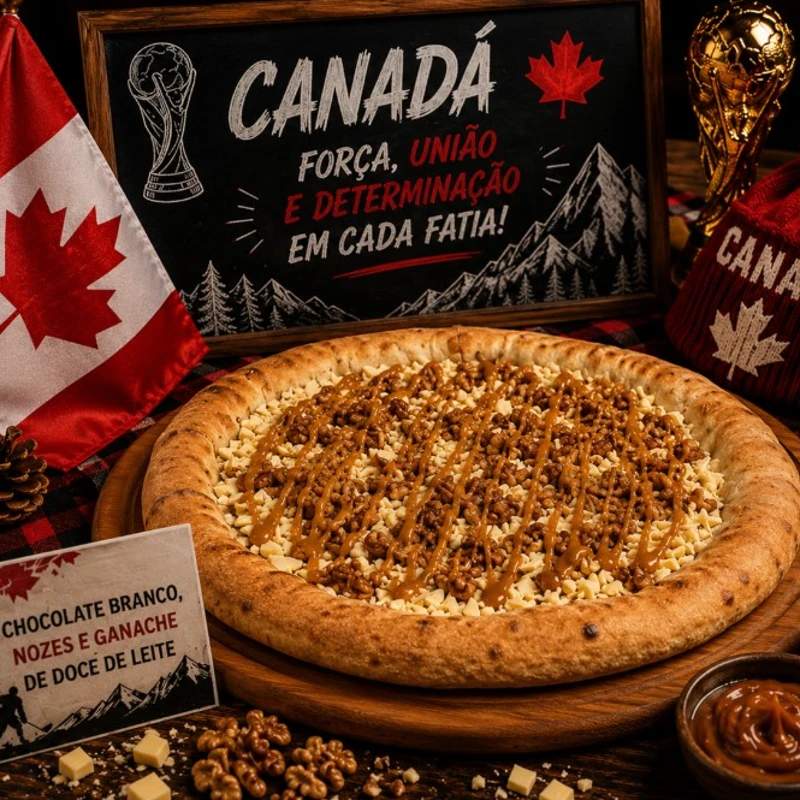 Sabores Da Copa: # Canadá (Chocolate Branco, Nozes, Ganache Doce de Leite) - Pizza GRANDE 35 Cm / 8 Fatias (Ingredientes: Base com Creme de Leite, Chocolate Branco Ralado, Nozes, Ganache de doce de leite)