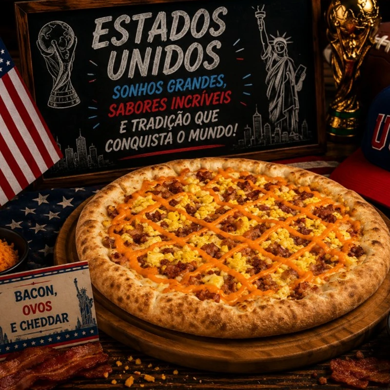 Sabores Da Copa: # EUA (Bacon, Ovos, Cheddar) - Pizza GRANDE 35 Cm / 8 Fatias (Ingredientes: Molho de Tomate , Queijo Mussarela , Bacon, Ovo, Queijo Cheddar, Orégano)