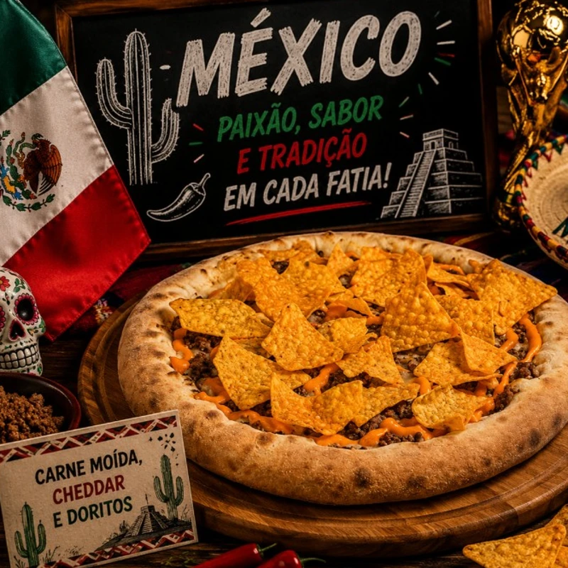Sabores Da Copa: # México (Carne, Cheddar, Doritos) - Pizza GRANDE 35 Cm / 8 Fatias (Ingredientes: Molho de Tomate , Queijo Mussarela , Carne Moída, Queijo Cheddar, Doritos, Orégano)