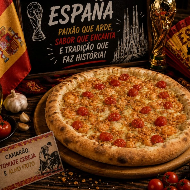 Sabores Da Copa: # Espanha (Camarão, Alho, Tomate Cereja) - Pizza GRANDE 35 Cm / 8 Fatias (Ingredientes: Molho de Tomate , Queijo Mussarela , Camarão, Tomate Cereja, Alho, Orégano)