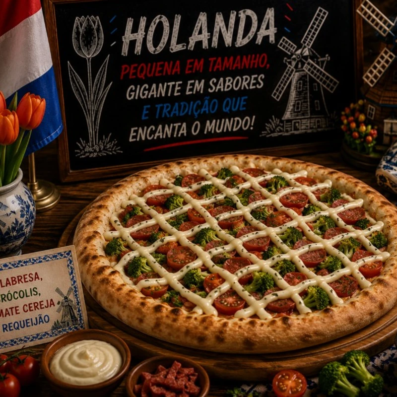 Sabores Da Copa: # Holanda (Calabresa, Brócolis, Tomate Cereja, Requijão) - Pizza GRANDE 35 Cm / 8 Fatias (Ingredientes: Molho de Tomate , Queijo Mussarela , Calabresa , Brócolis, Tomate, Requeijão, Orégano)