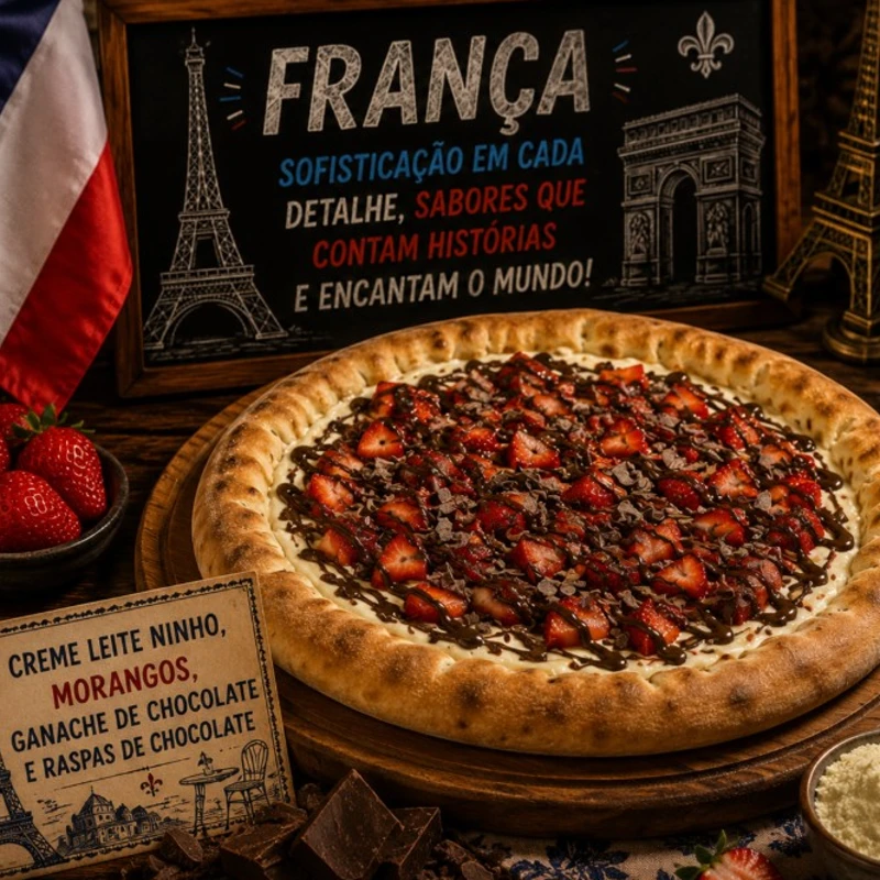 Sabores Da Copa: # França (Creme Leitinho, Morango, Ganache) - Pizza GRANDE 35 Cm / 8 Fatias (Ingredientes: Base com Creme de Leite, Creme de Leitinho, Morangos, Ganache de chocolate ao leite, Raspas de chocolate ao leite)