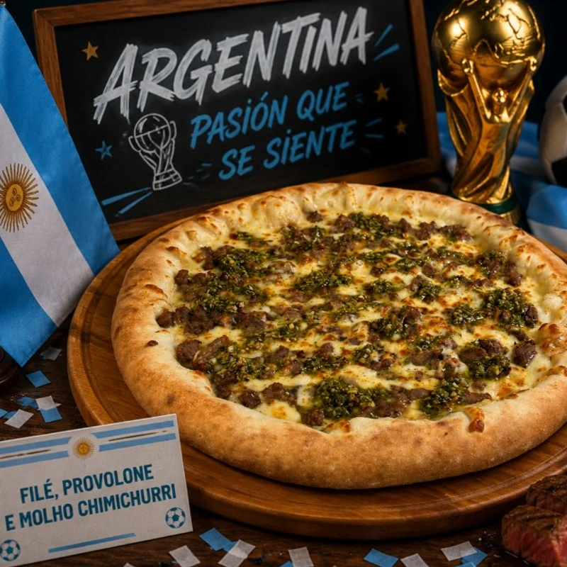Sabores Da Copa: # Argentina (Filé, Provolone, Chimichurri) - Pizza GRANDE 35 Cm / 8 Fatias (Ingredientes: Molho de Tomate , Queijo Mussarela , Filé, Queijo Provolone, Chimichurri, Orégano)