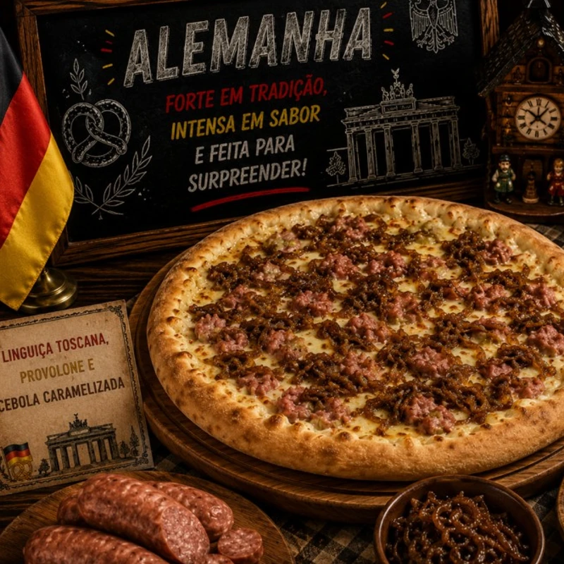 Sabores Da Copa: # Alemanha (Toscana, Provolone, Cebola Caramelizada) - Pizza GRANDE 35 Cm / 8 Fatias (Ingredientes: Molho de Tomate , Queijo Mussarela , Linguiça Toscana , Queijo Provolone, Cebola Caramelizada, Orégano)