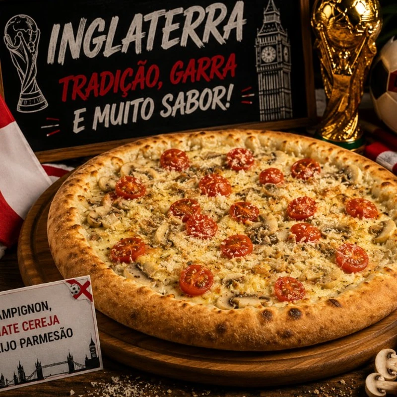 Sabores Da Copa: # Inglaterra (Champignon, Tomate Cereja, Parmesão) - Pizza GRANDE 35 Cm / 8 Fatias (Ingredientes: Molho de Tomate , Queijo Mussarela , Champignon, Tomate Picado, Queijo Parmesão, Orégano)