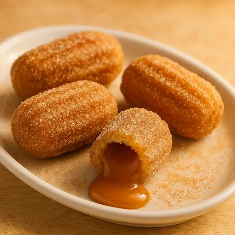Sobremesas: mini churros 4 unidades - 4 mini churros recheado de doce leite e acompanha doce de leite