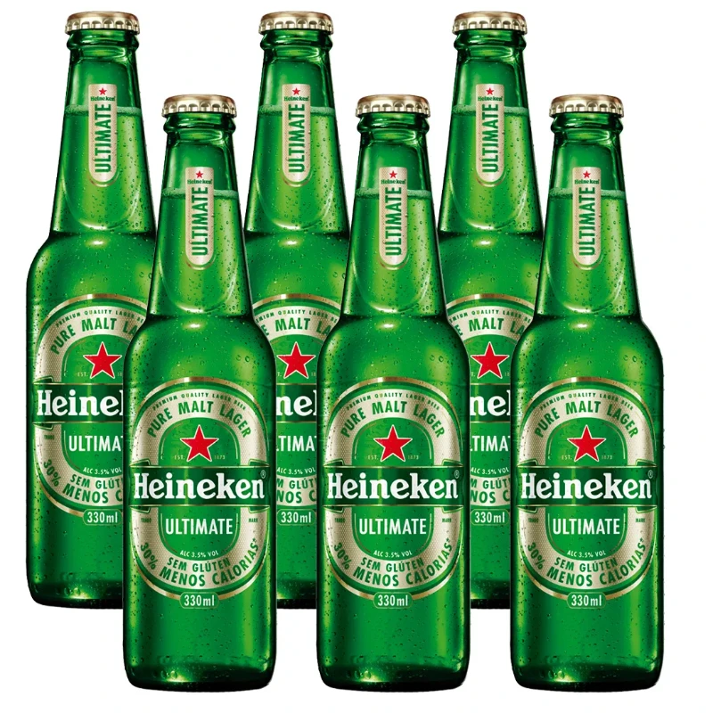 Cerveja: Heineken Ultimate - A Heineken Ultimate é uma versão mais leve da tradicional cerveja puro malte da marca, lançada no Brasil com foco em moderação e bem-estar, apresentando 3,5% de teor alcoólico, 30% menos calorias (cerca de 97 kcal por unidade de 330ml/350ml) e fórmula sem glúten