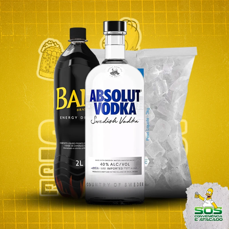 combo vodka + baly 2l + gelo 3kg: Absolut Tradicional - Combo Vodka + Energetico (Ingredientes: )