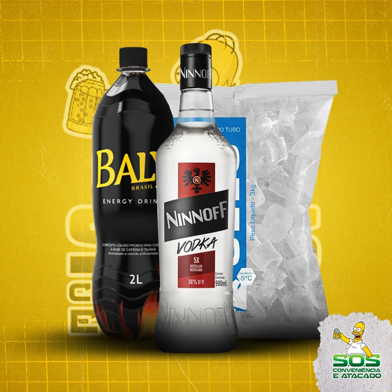 combo vodka + baly 2l + gelo 3kg: Ninnoff Tradicional - Combo Vodka + Energetico (Ingredientes: )