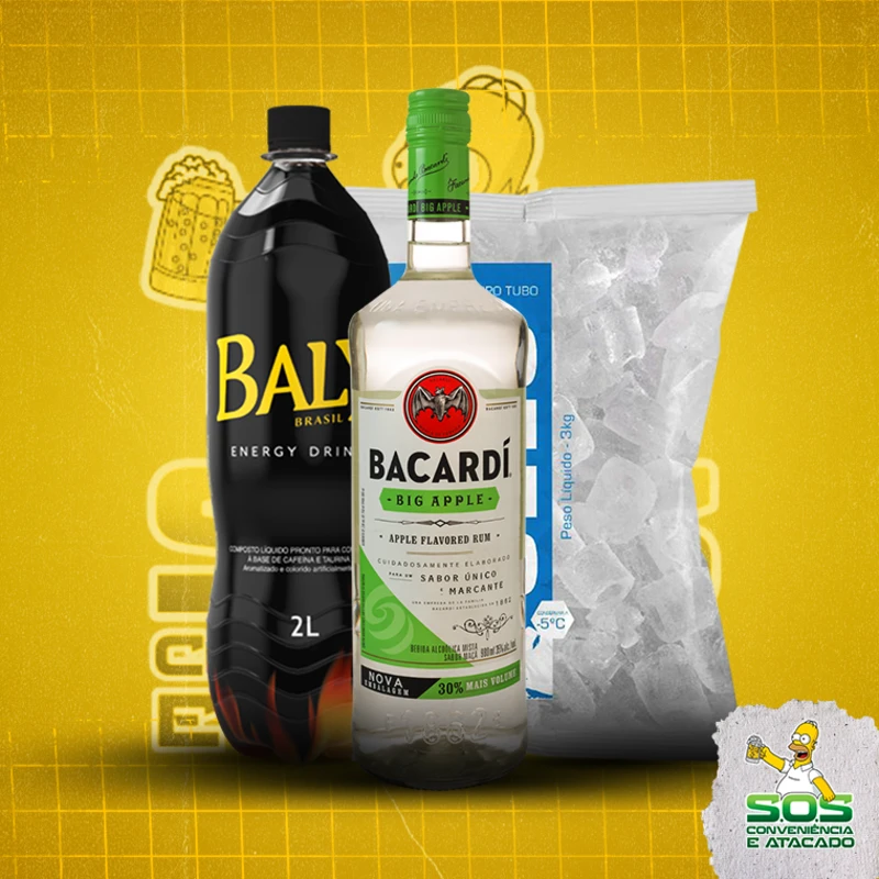 combo vodka + baly 2l + gelo 3kg: Bacardi Big Apple 750ml - Combo Vodka + Energetico (Ingredientes: )
