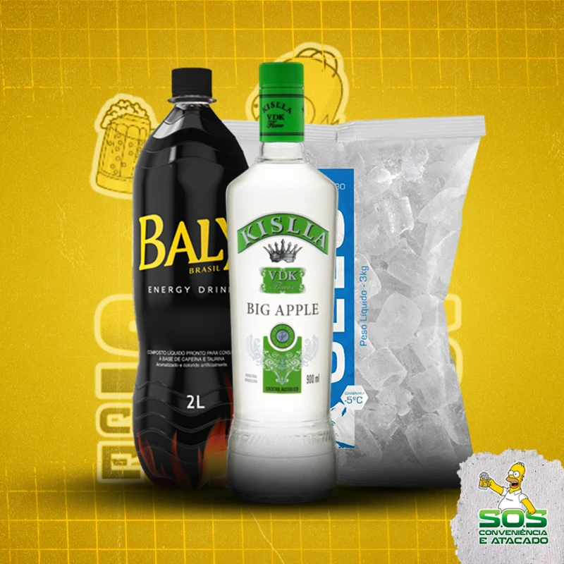 combo vodka + baly 2l + gelo 3kg: Kislla Maçã Verde - Combo Vodka + Energetico (Ingredientes: )