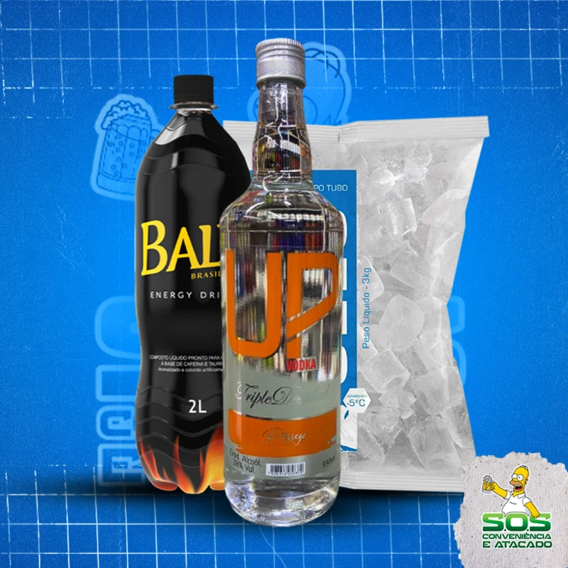 combo vodka + baly 2l + gelo 3kg: UP Pêssego - Combo Vodka + Energetico (Ingredientes: )