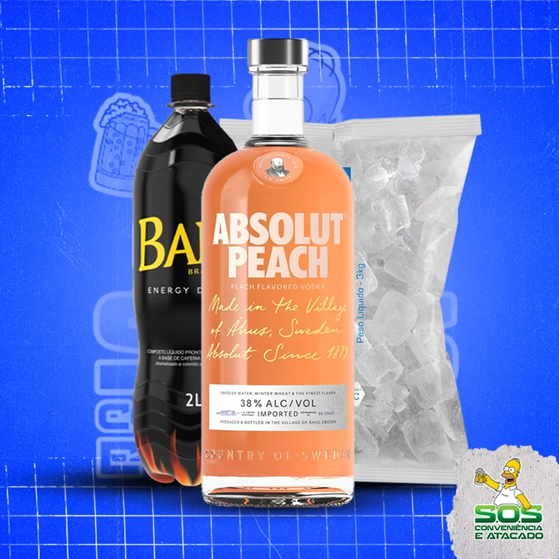 combo vodka + baly 2l + gelo 3kg: Absolut Pêssego - Combo Vodka + Energetico (Ingredientes: )