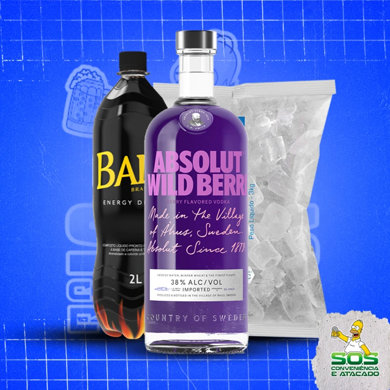 combo vodka + baly 2l + gelo 3kg: Absolut Wild Berri - Combo Vodka + Energetico (Ingredientes: )