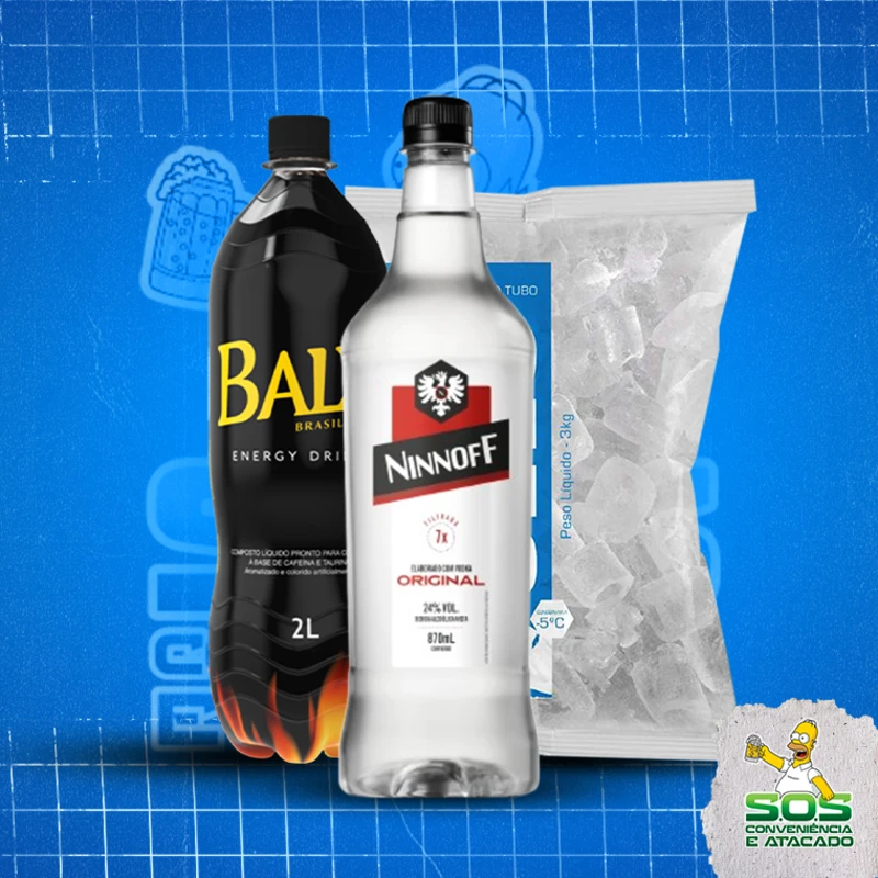 combo vodka + baly 2l + gelo 3kg: Ninnoff Pet Tradicional - Combo Vodka + Energetico (Ingredientes: )