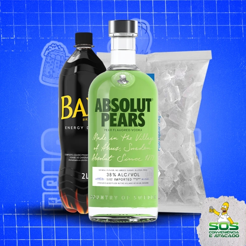 combo vodka + baly 2l + gelo 3kg: Absolut Pera - Combo Vodka + Energetico (Ingredientes: )