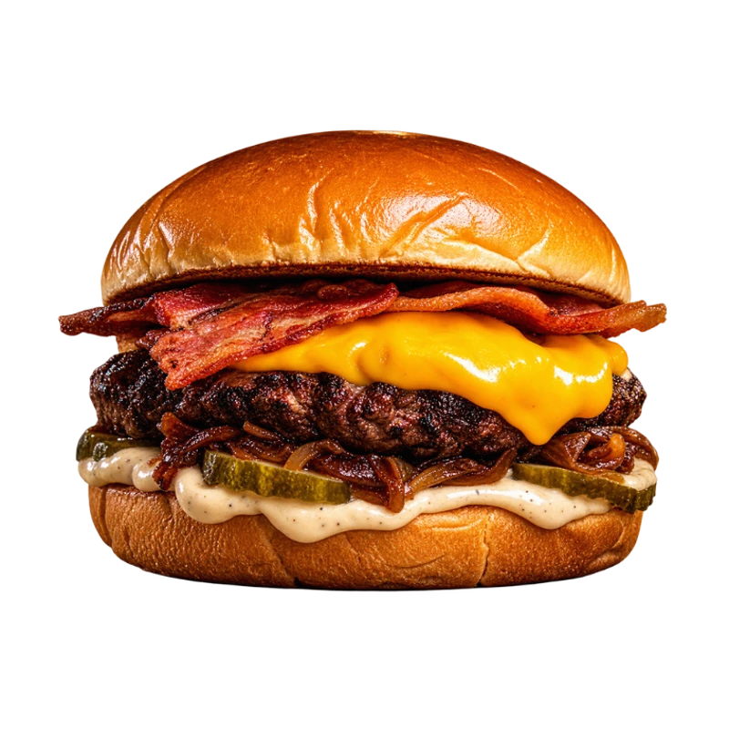 BURGER: AMERICAN - (Ingredientes: Pão Brioche, Molho Defumado, Blend Premium na Brasa 200g, Cebola Caramelizada, Creme de Cheddar, Fatias de Bacon, Picles Agridoce)