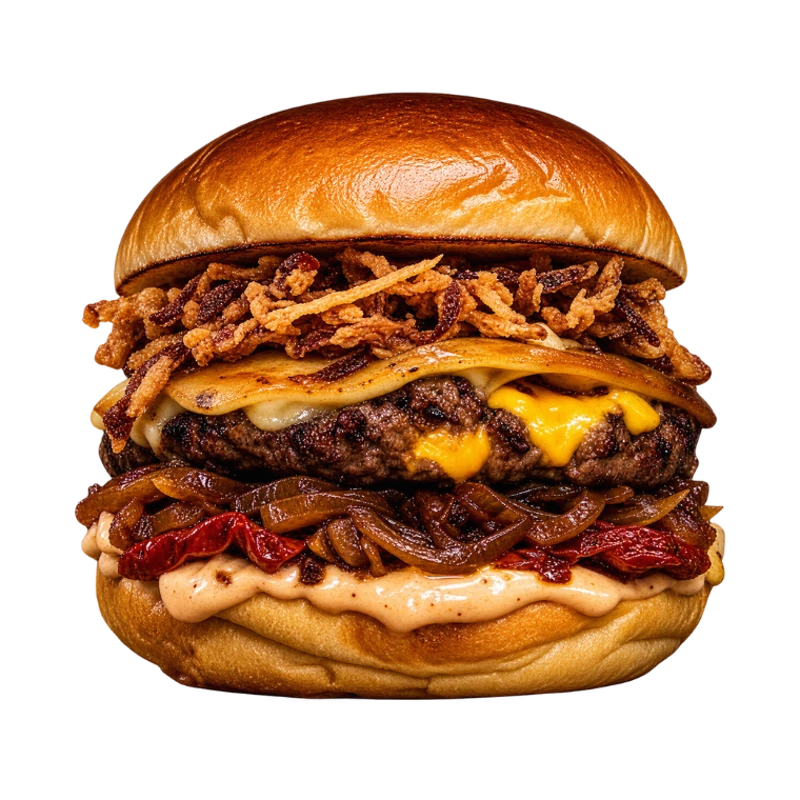 Blend Recheado: FABULOUS BURGER - . (Ingredientes: Pão Brioche, Molho Defumado, Blend na Brasa 200g recheado com Cheddar, Provolone Tostado, Cebola caramelizada, Cebola Crispy, Tomate Seco)