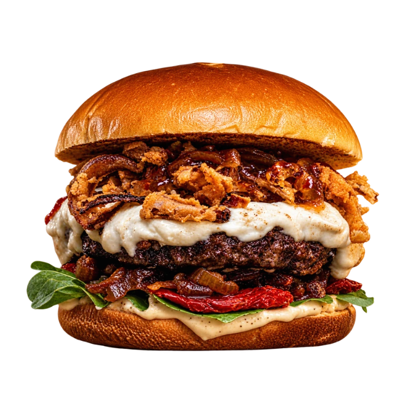 BURGER: GORGONZOL - (Ingredientes: Pão Brioche, Molho Defumado, Blend Premium na Brasa 200g, Creme de Gorgonzola, Geleia de Pimenta, Cebola Caramelizada, Cebola Crispy, Rúcula, Tomate Seco)