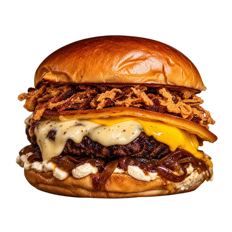 BURGER: CHEESE - (Ingredientes: Pão Brioche, Cream Cheese, Blend Premium na Brasa 200g, Queijo Cheddar, Queijo Muçarela, Queijo Provolone Tostado, Cebola Caramelizada, Cebola Crispy)
