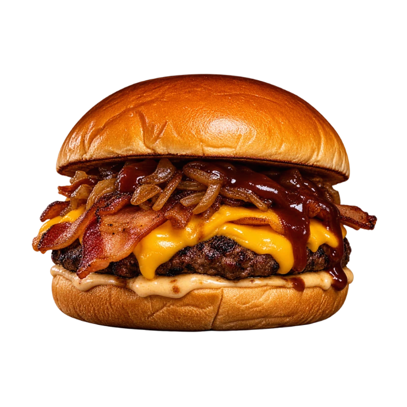 BURGER: BACON BBQ - (Ingredientes: Pão Brioche, Molho Defumado, Blend Premium na Brasa 200g, Cebola Caramelizada, Fatias de Bacon, Queijo Cheddar, Molho Barbecue BBQ)