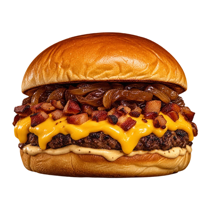 BURGER: CHEDDAR MELT - (Ingredientes: Pão Brioche, Molho Defumado, Blend Premium na Brasa 200g, Creme de Cheddar, Cubos de Bacon Crocante, Cebola Caramelizada)