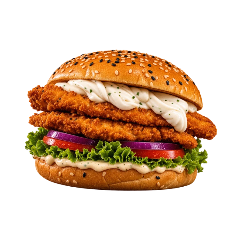 Chiken Supreme: CHICKEN SUPREME - . (Ingredientes: Pão com gergelim, Molho Supreme, 2 Filezinho de frango Empanado, Cream Cheese, Alface, Tomate, Cebola Roxa)