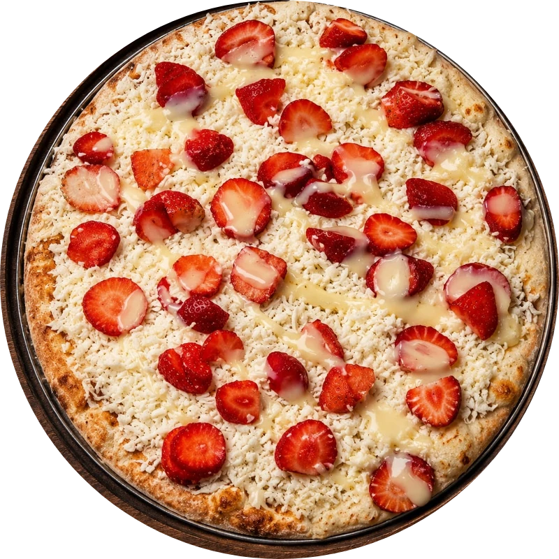 Sabores Doces Especiais: E- Sedução - Pizza Gigante (Ingredientes: Creme de Leite, Mussarela, Chocolate Branco, Morango)