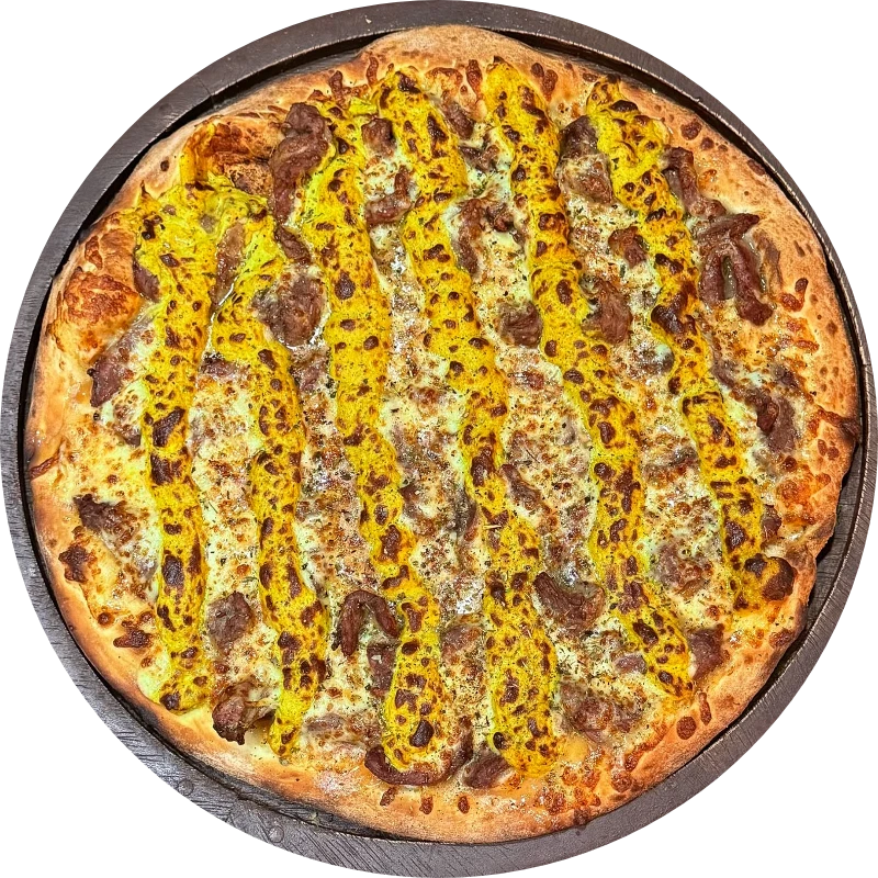 Sabores Especiais: E- Filé Na Mostarda - Pizza Gigante (Ingredientes: Molho de Tomate, Mussarela, Filé de Carne Bovina em Tiras, Mostarda, Orégano)