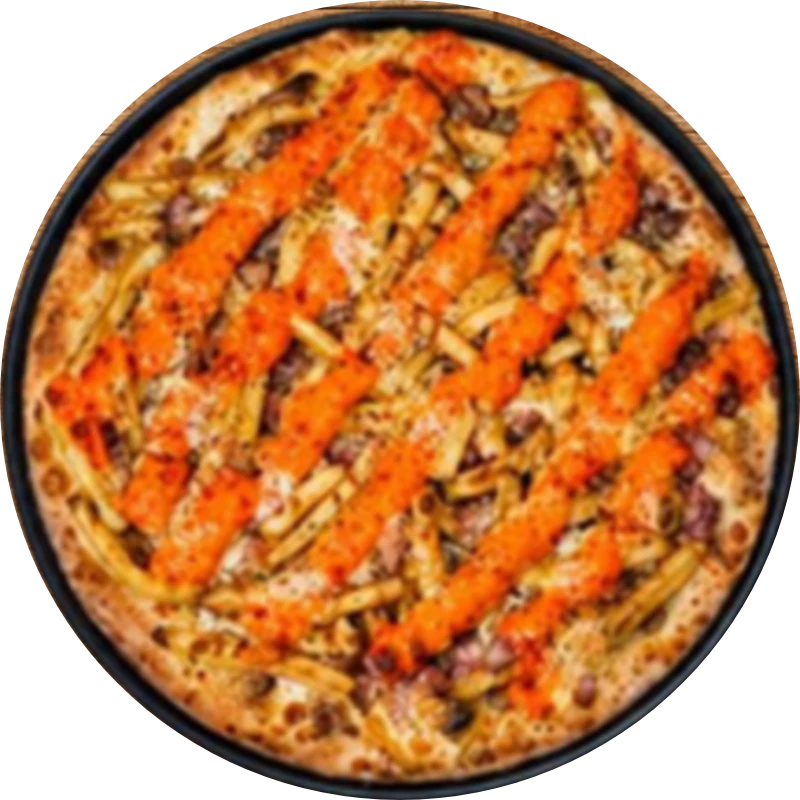 Sabores Especiais: E- Batatosa - Pizza Gigante (Ingredientes: Molho de Tomate, Mussarela, Batata Frita, Bacon , Cheddar, Orégano)