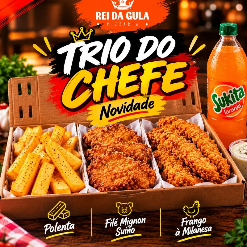 Trio: Trio Do Chefe - Trio (Ingredientes: 1 Bisnaga Creme de Alho ou Molho Tártaro 200g), 1 Refrigerante 2L Kuat ou Tubaína), 500g de Frango à Milanesa, 500g Polenta, filé mignon suino a milanesa 500gr)