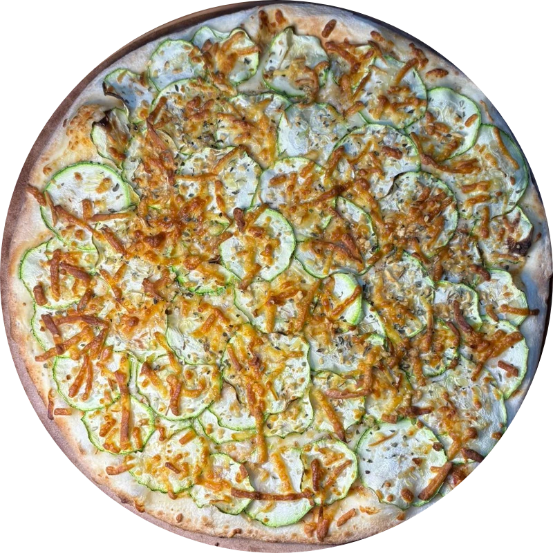 Sabores Leves: T- Zucchini - Pizza Gigante (Ingredientes: Molho de Tomate, Mussarela, Alho Frito, Fatias de Abobrinha, Parmesão, Orégano)