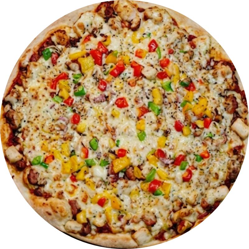 Sabores Especiais: E- A Moda Do Rei (não tiramos itens) - Pizza Gigante (Ingredientes: Molho de Tomate, Mussarela, Strognoffe Bovino, Champignon, Palmito, Bacon, Pimentão e Orégano)