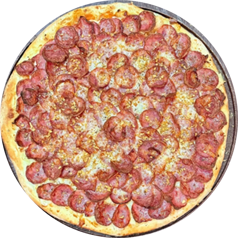 Sabores Tradicionais: T- Calabresa Com Alho - Pizza Gigante (Ingredientes: Molho de Tomate, Mussarela, Calabresa, Alho Frito, Orégano)