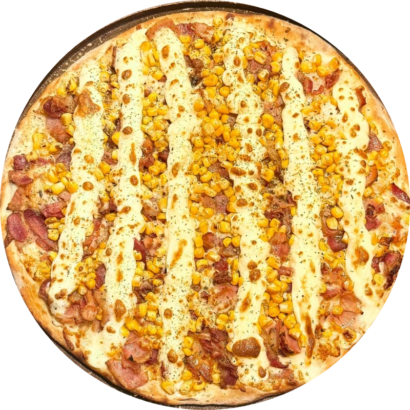 Sabores Tradicionais: T- Bacon Com Catupiry - Pizza Gigante (Ingredientes: Molho de Tomate, Mussarela, Bacon , Milho, Catupiry, Orégano)