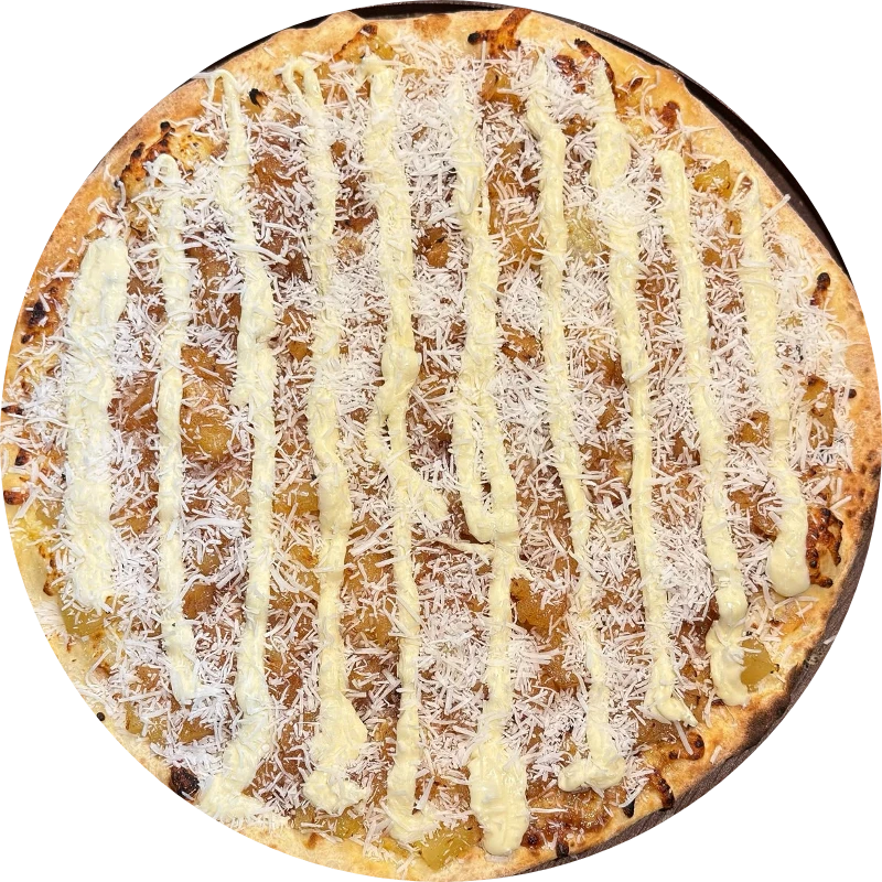 Sabores Doces Especiais: E- Abacaxi Com Coco - Pizza Gigante (Ingredientes: Creme de Leite, Mussarela, Creme de Leite Ninho, Abacaxi, Canela, Açúcar, Coco Ralado)