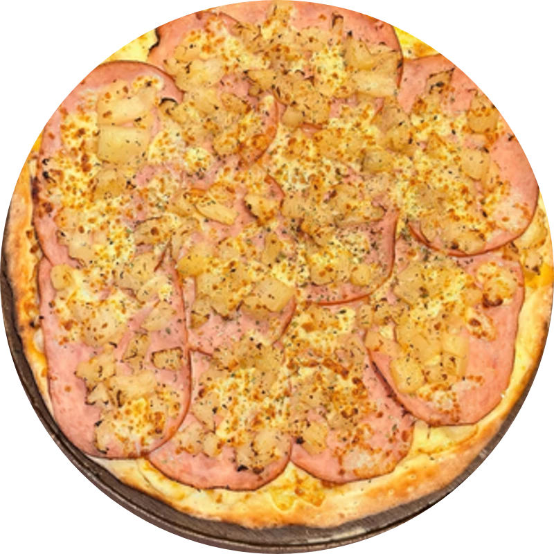 Sabores Tradicionais: T- Peru Tropical - Pizza Gigante (Ingredientes: Molho de Tomate, Mussarela, Abacaxi Cozido, Peito de Peru Defumado, Orégano)