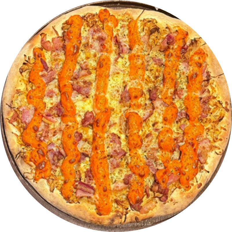 Sabores Tradicionais: T- Frango Com Cheddar - Pizza Gigante (Ingredientes: Molho de Tomate, Mussarela, Cheddar, Frango Desfiado, Bacon e Orégano.)