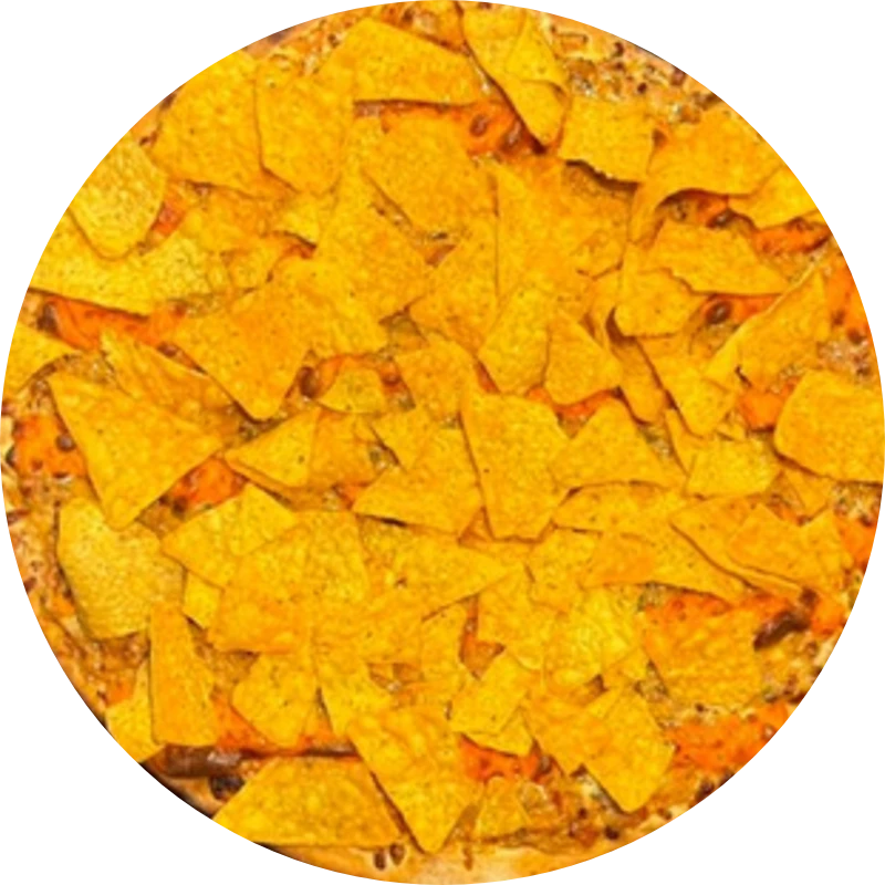 Sabores Tradicionais: T- Nachos - Pizza Gigante (Ingredientes: Molho de Tomate, Mussarela, Carne Moída ao Molho de Cheddar Levemente Picante, Doritos e Orégano.)