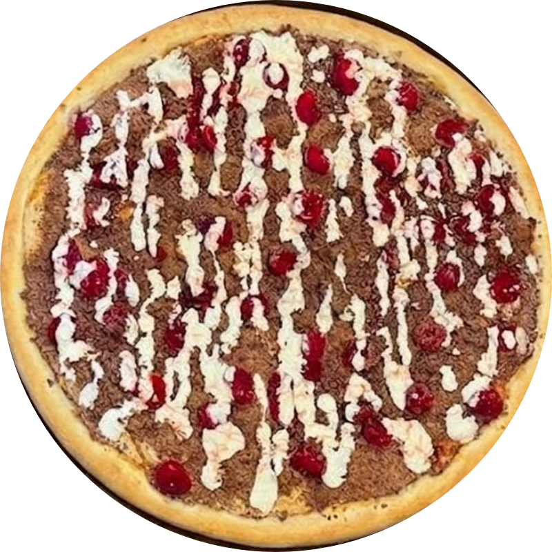 Sabores Doces Especiais: E- FLORESTA NEGRA - Pizza Gigante (Ingredientes: Creme de Leite, Mussarela, Chocolate ao Leite, Cereja)