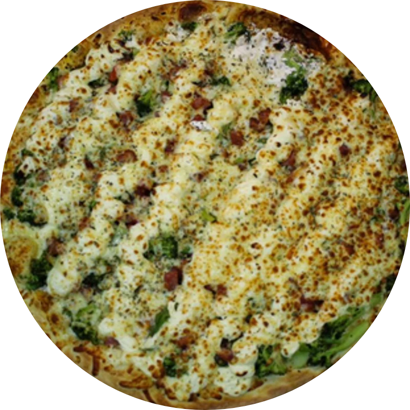 Sabores Leves: T- Brócolis - Pizza Gigante (Ingredientes: Molho de Tomate, Mussarela, Bacon , Brócolis, Alho Frito, Provolone, Cream Cheese, Orégano)