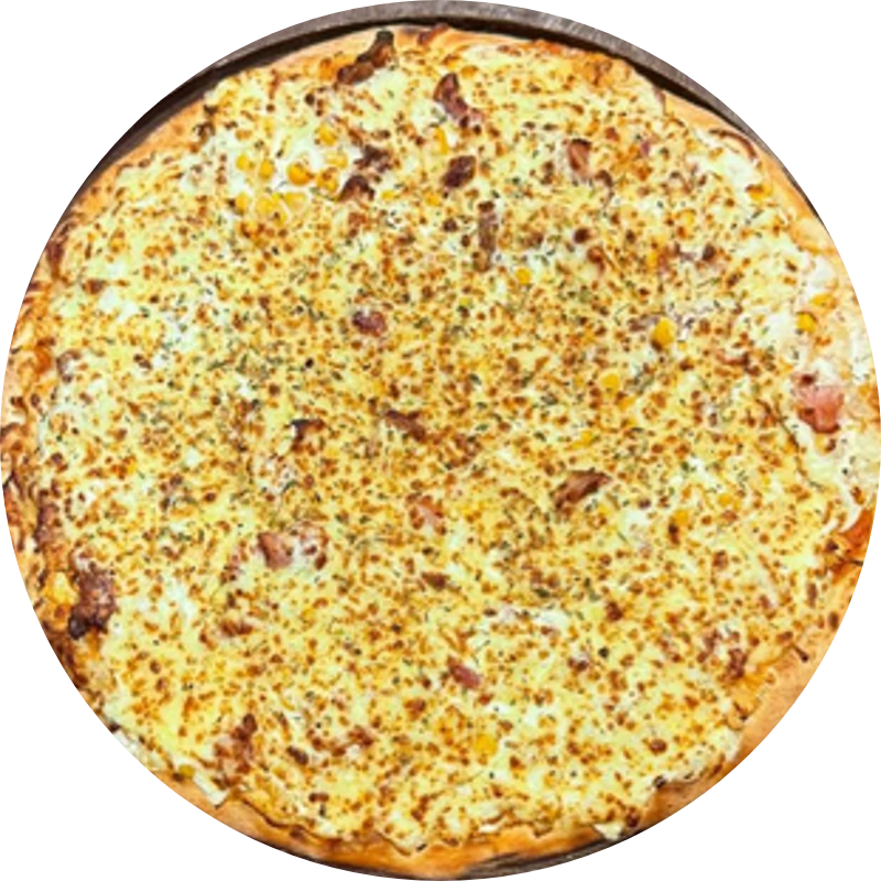 Sabores Tradicionais: T- Frango Cremoso - Pizza Gigante (Ingredientes: Molho de Tomate, Mussarela, Frango Desfiado, Creme de Leite, Bacon , Milho e Orégano.)