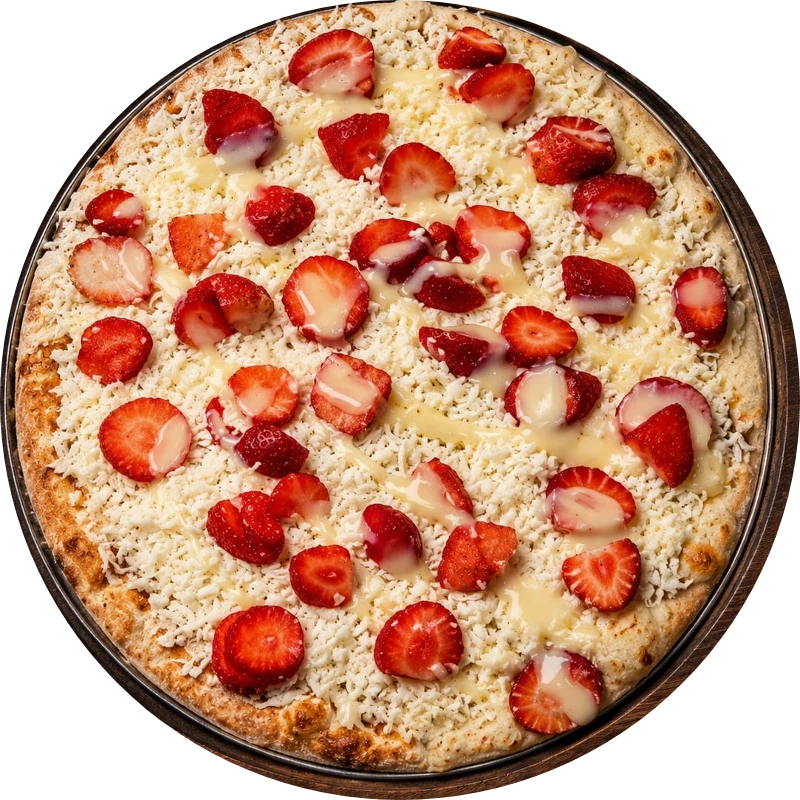 Sabores Doces Especiais: E- Doce Desejo - Pizza Gigante (Ingredientes: Creme de Leite, Mussarela, Creme de Leite Ninho, Chocolate Branco, Morango)