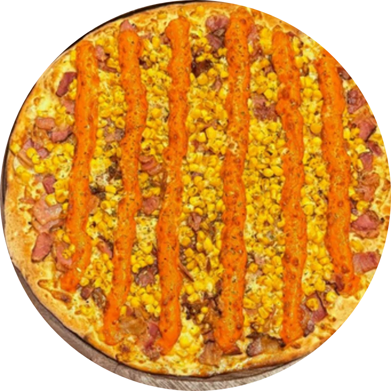 Sabores Tradicionais: T- Bacon Com Cheddar - Pizza Gigante (Ingredientes: Molho de Tomate, Mussarela, Bacon , Milho, Cheddar, Orégano)