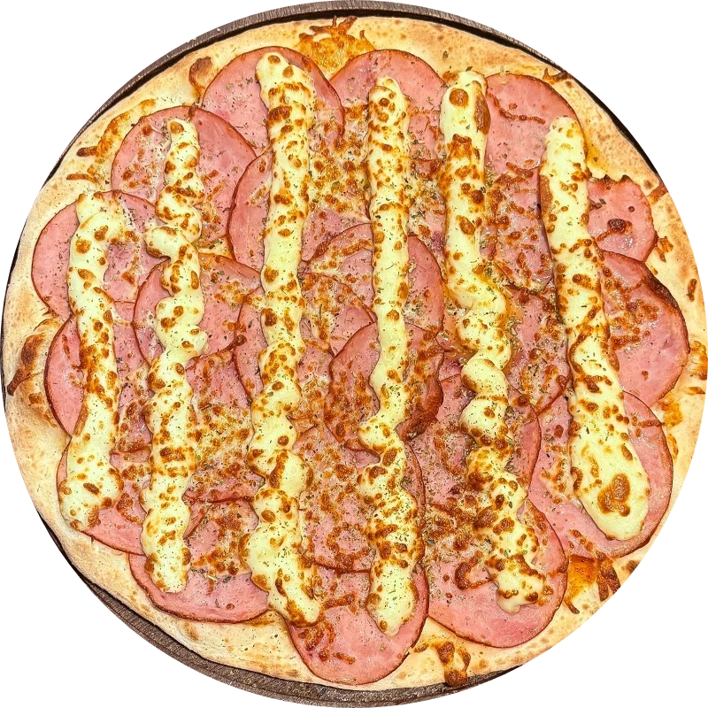 Sabores Tradicionais: T- Lombo Com Catupiry - Pizza Gigante (Ingredientes: Molho de Tomate, Mussarela, Catupiry, Lombo e Orégano.)