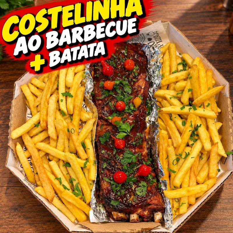Porções Grande 800g: Costelinha ao Barbecue + Batata - Porções (Ingredientes: 500g De Costelinha Ao Barbecue, 500g de Batata Frita)