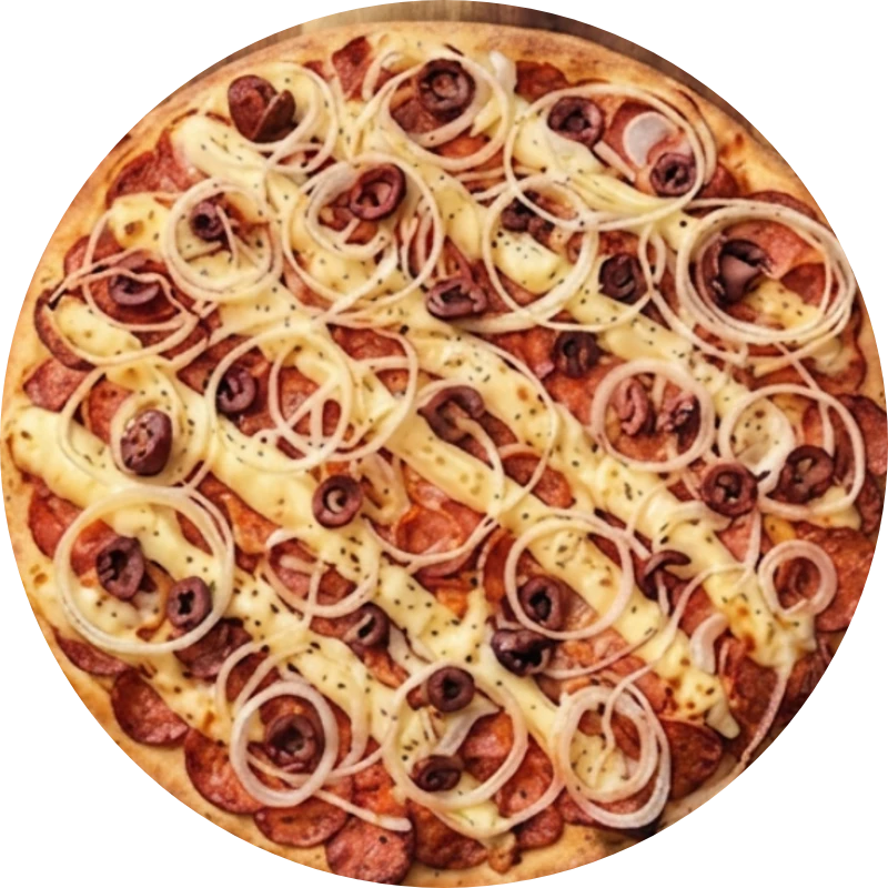 Sabores Tradicionais: T- Calabresa Acebolada Com Catupiry - Pizza Gigante (Ingredientes: Molho de Tomate, Mussarela, Calabresa, Cebola, Azeitona, Catupiry, Orégano)