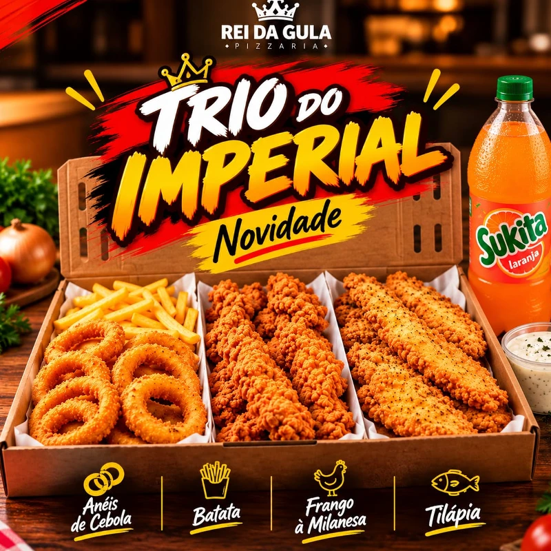 Trio: TRIO IMPERIAL - Trio (Ingredientes: 500g de Tilápia à Milanesa, 500g de Frango à Milanesa, 250g batata frita, 250g de aneis de cebola, 1 Bisnaga Creme de Alho ou Molho Tártaro 200g), 1 Refrigerante 2L Kuat ou Tubaína))
